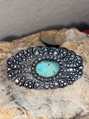 Vintage Made In Germany Silver Ceramic  Turquoise Center Filigree Broach